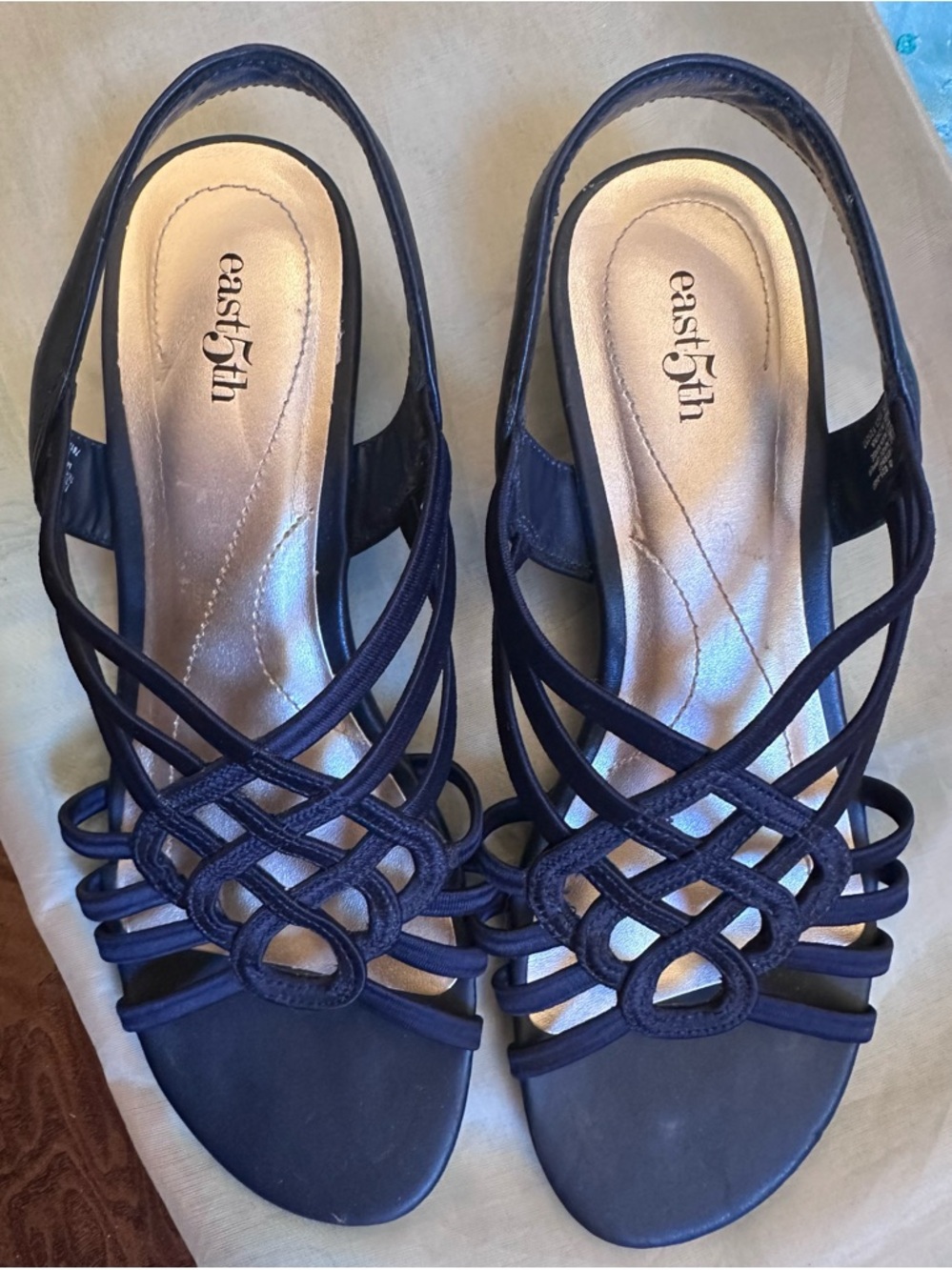 Women's navy blue Strappy Slide Sandals - Elegant Knot Accent - Picture 6 of 7
